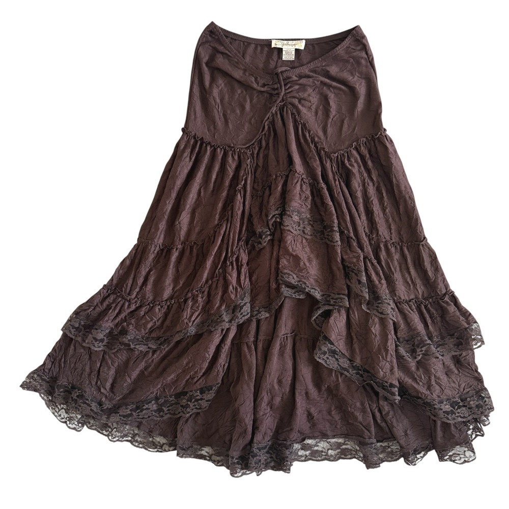 Younique Brown Tiered Lace Maxi Skirt Medium Boho Fairy Grunge Gathered Ruched